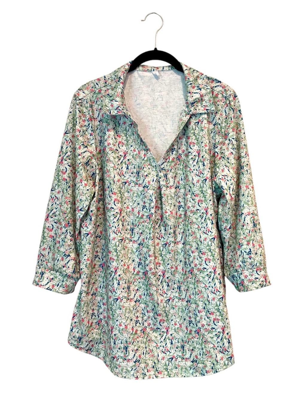 Light Green Floral Split-Neck Blouse
